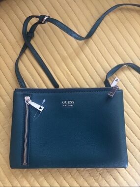 GUESS Teal Pebble Dark Green Leather Crossbody Bag with Silver Hardware